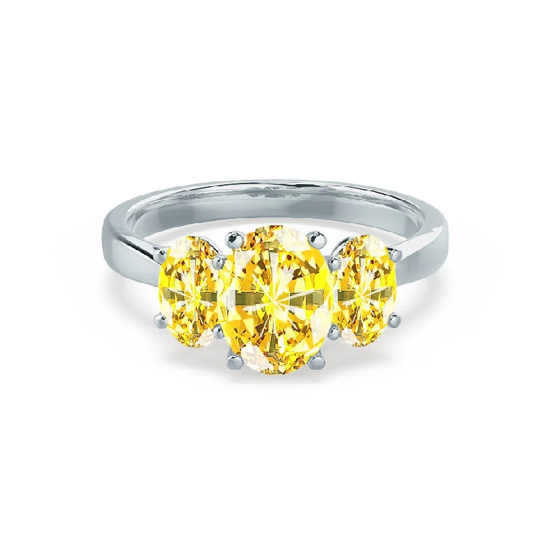 halo sapphire engagement rings-EVERDEEN - Chatham® Oval Yellow Sapphire 950 Platinum Trilogy Ring