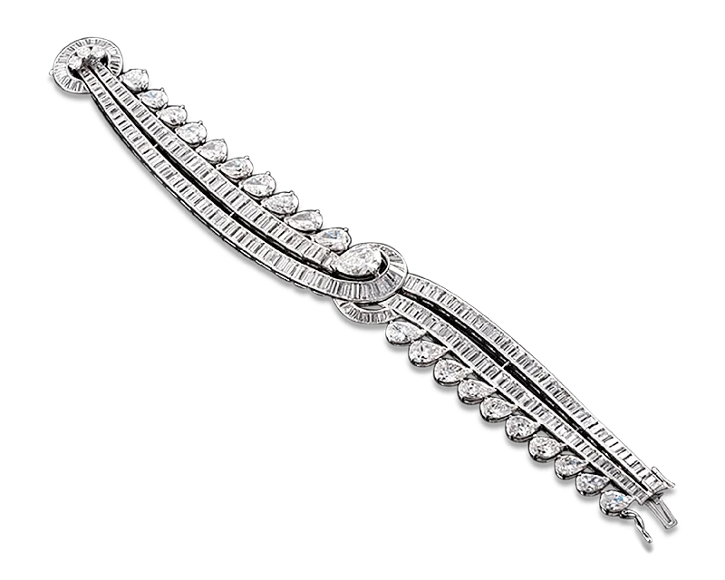 luxury bangle bracelets for women-Pear and Baguette Diamond Bracelet, 35.00 Carats