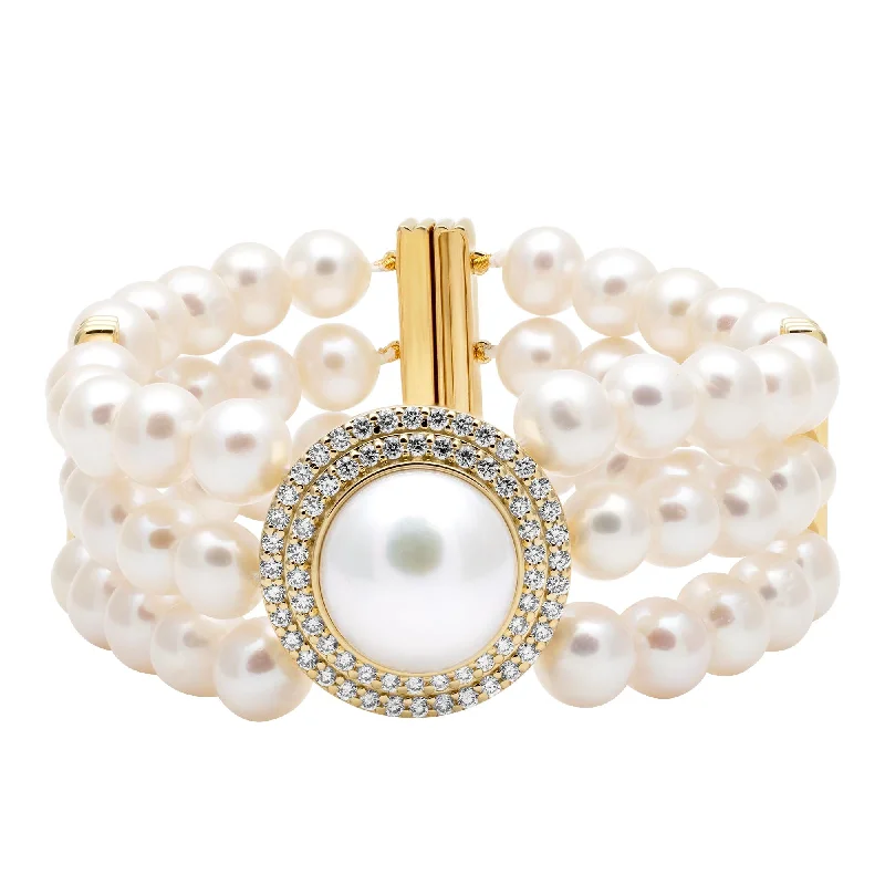 silver bangle sets for women-Bracelet - Freshwater Pearl And Diamond