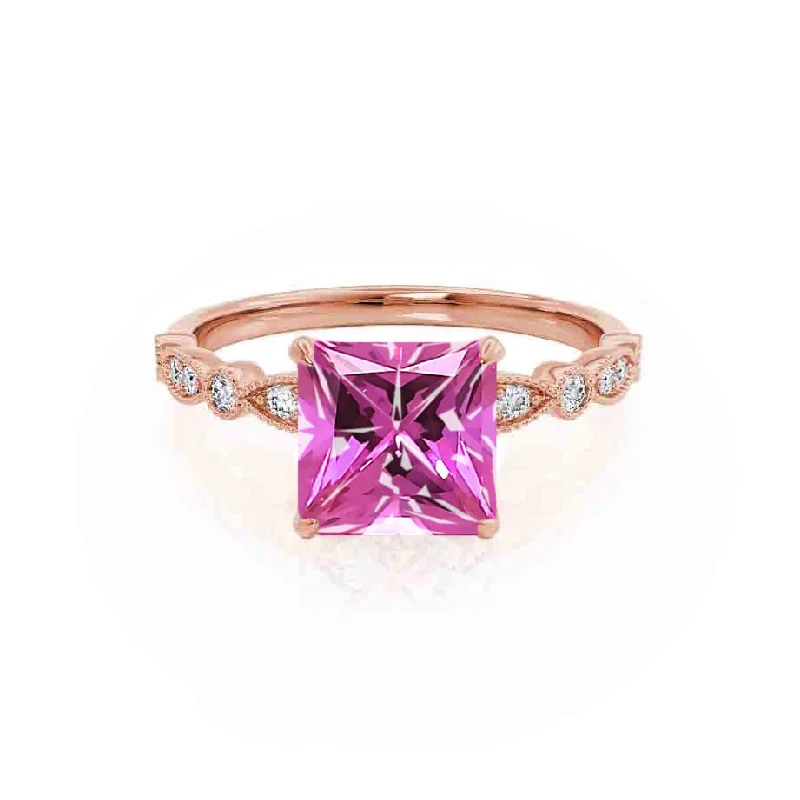 round diamond engagement rings-HOPE - Chatham® Princess Pink Sapphire & Diamond 18k Rose Gold Vintage Shoulder Set