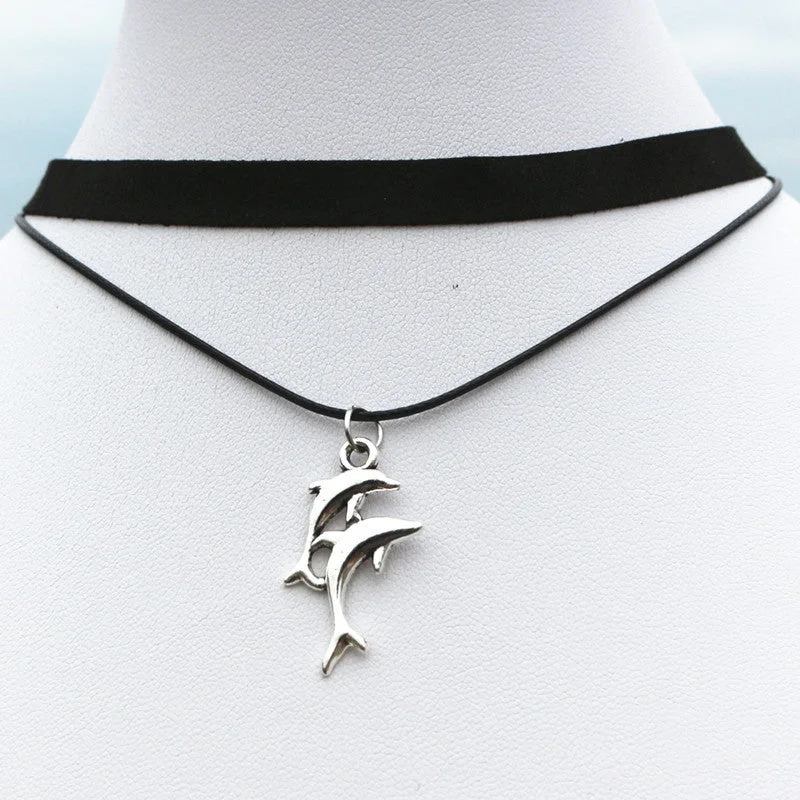 unique necklaces for women-Gothic Clavicle Multilayer Black Choker Dolphin Necklace