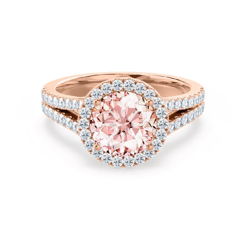 princess-cut sapphire engagement rings-AMELIA - Chatham® Lab Grown Champagne Sapphire & Diamond 18k Rose Gold Halo Ring