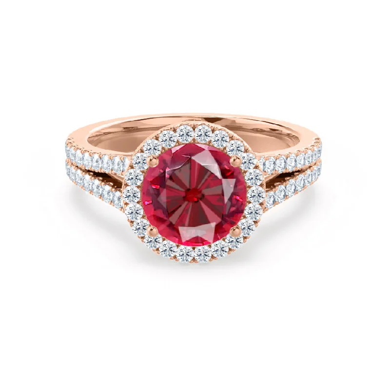 custom engagement ring designs-AMELIA - Chatham® Lab Grown Red Ruby & Diamond 18k Rose Gold Halo Ring