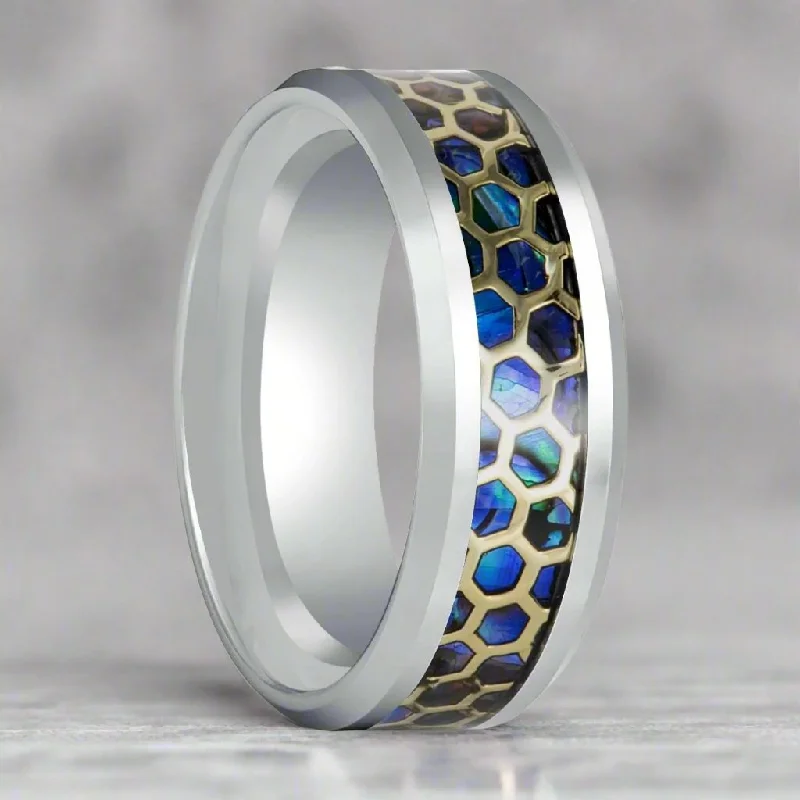 chunky rings for women-CHAZY | Silver Tungsten Ring, Honeycomb Abalone Inlay, Beveled Edge