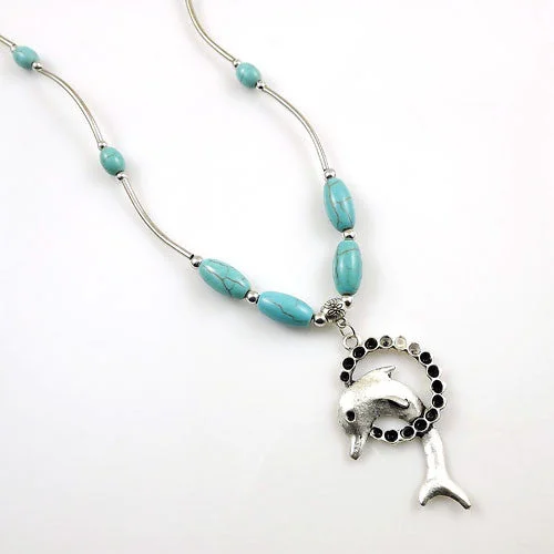 long necklaces for women-Tibetan Silver Turquoise Vintage Dolphin Necklace