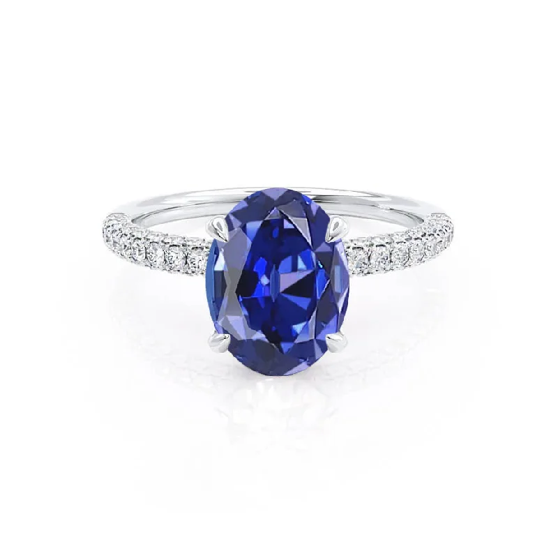 contemporary engagement rings-COCO - Chatham® Oval Blue Sapphire & Diamond 18k White Gold Petite Hidden Halo Triple Pavé Shoulder Set Ring