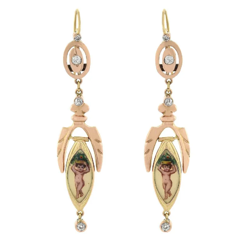 zircon earrings for women-Victorian 18kt Diamond + Enameled Cherub Earrings