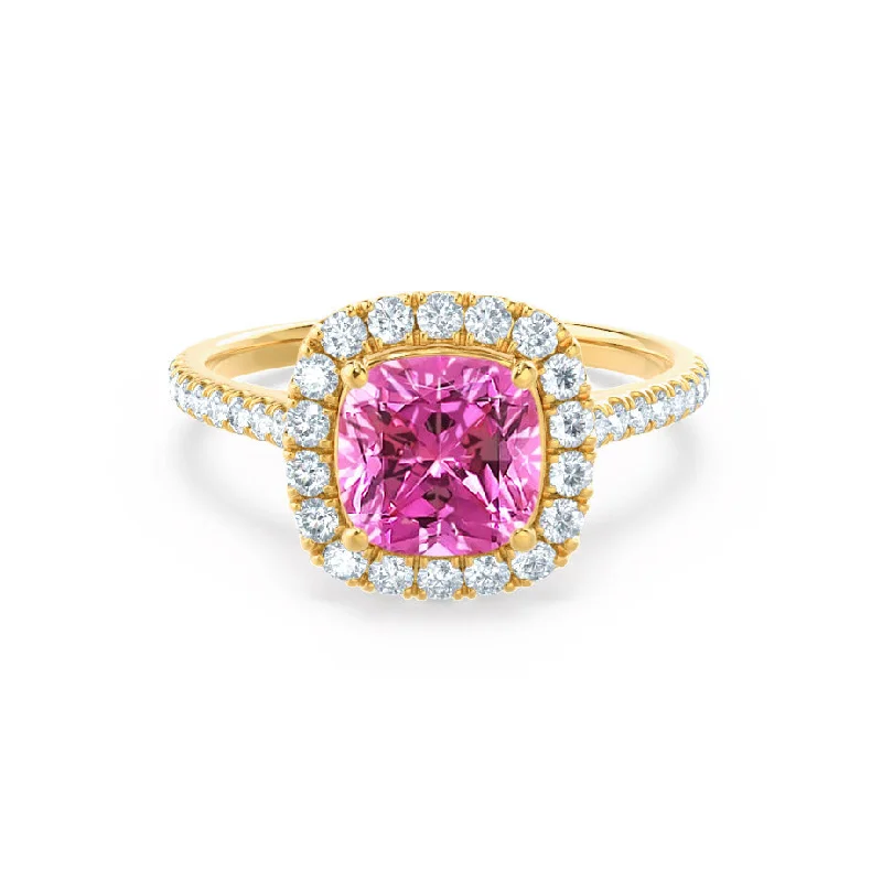 sapphire engagement rings-VIOLETTE - Chatham® Cushion Pink Sapphire & Diamond 18k Yellow Gold Petite Halo Ring