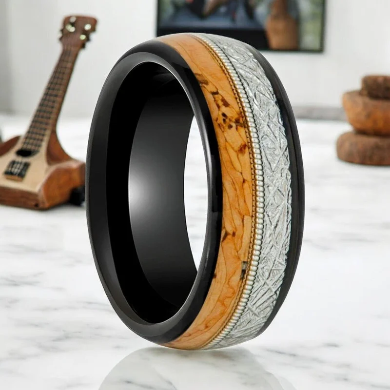 stylish rings for women-LYRIC | Black Tungsten, Cork & Meteorite Inlay, Guitar String, Domed