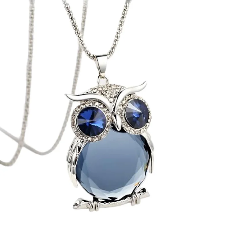 affordable necklaces for women-Elegant Blue Rhinestone Owl Pendant Necklace