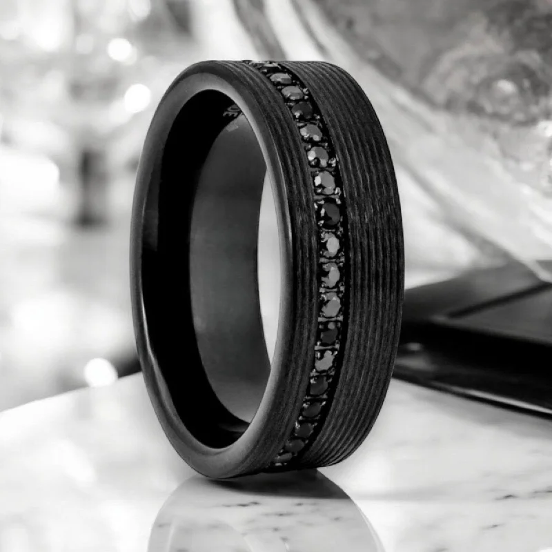 designer rings for women-GROOVIX | Black Tungsten Ring, Diamond Stimulate Black CZ, Grooved