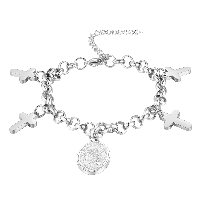 luxury bracelets for women-Patron St. Michael Charm Bracelet With Cross for Men