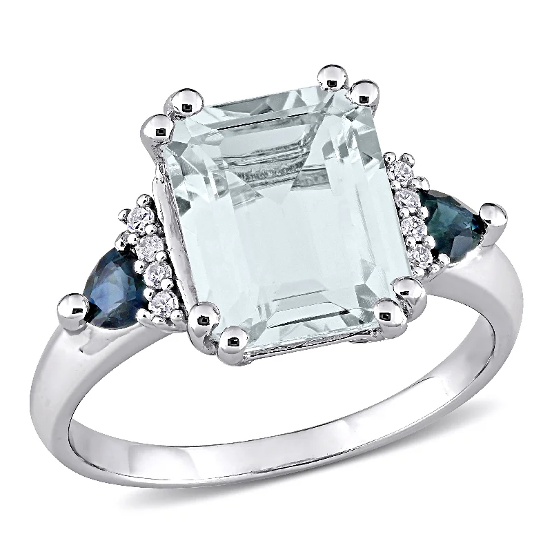 diamond engagement rings with colored stones-Mimi & Max 3 1/3ct TGW Ice Aquamarine and Sapphire and Diamond-Accent Cocktail Ring in Sterling Silver