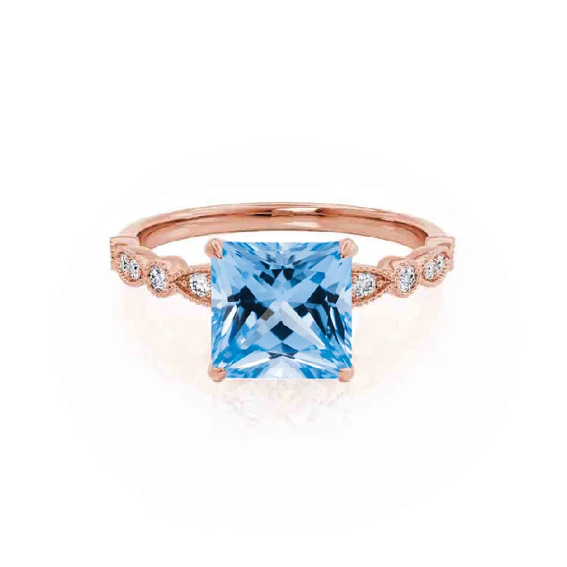 wedding band engagement rings-HOPE - Chatham® Princess Aqua Spinel & Diamond 18k Rose Gold Vintage Shoulder Set