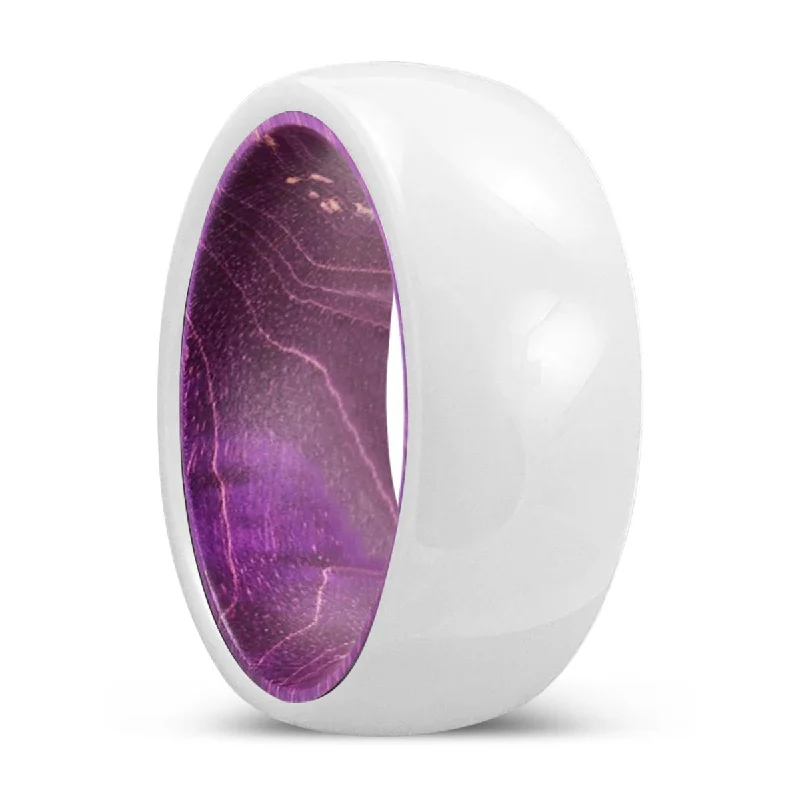 wedding band rings for women-FLOURISH | Purple Wood, White Ceramic Ring, Domed