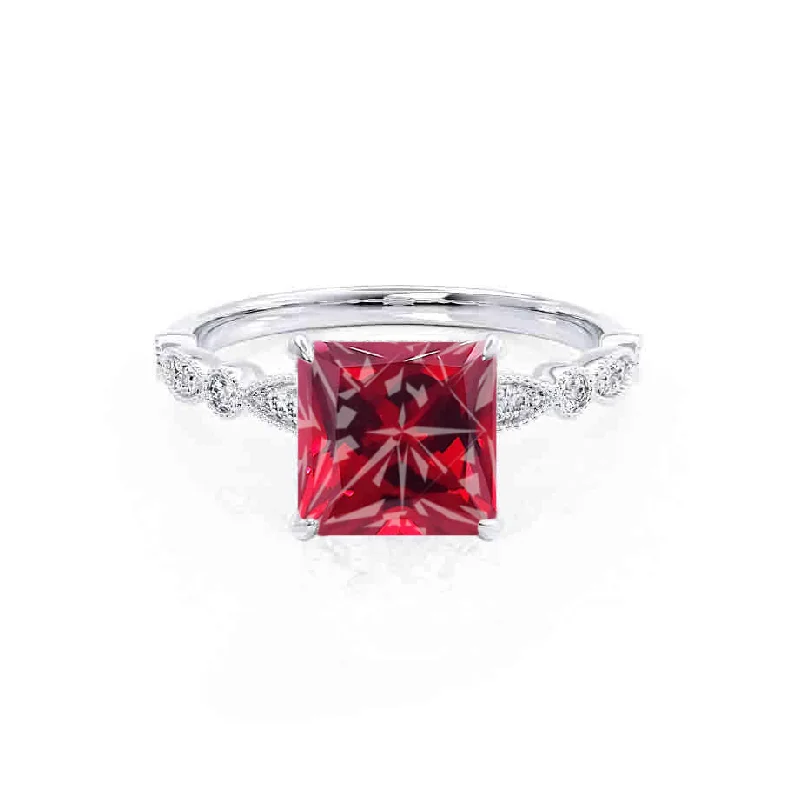 solitaire diamond engagement rings-HOPE - Chatham® Princess Ruby & Diamond 950 Platinum Vintage Shoulder Set