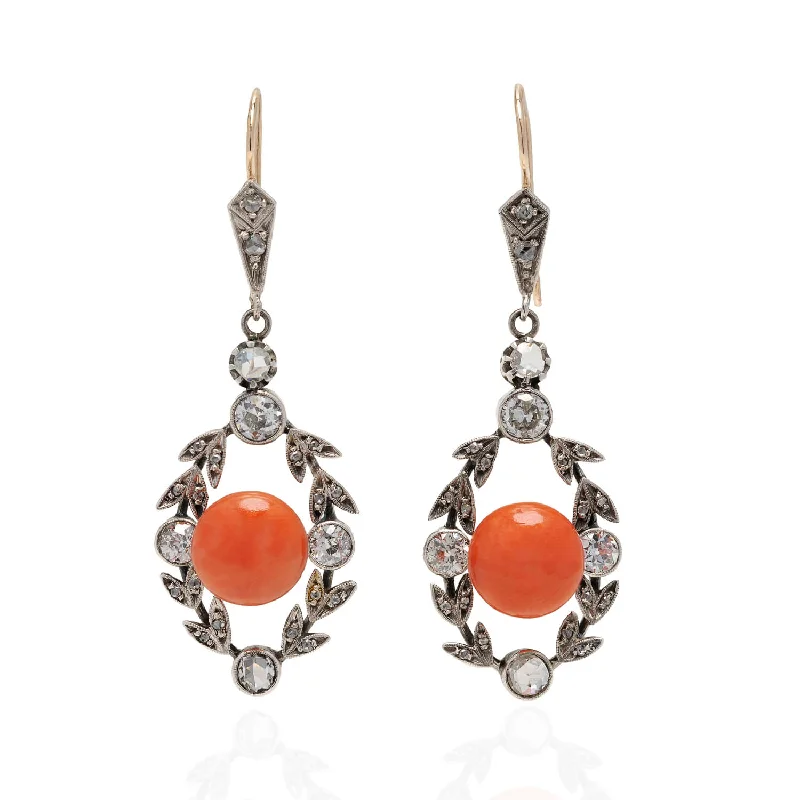 simple pearl earrings for women-Victorian 14kt/Sterling Natural Coral + Diamond Foliate Dangle Earrings 2.75ctw