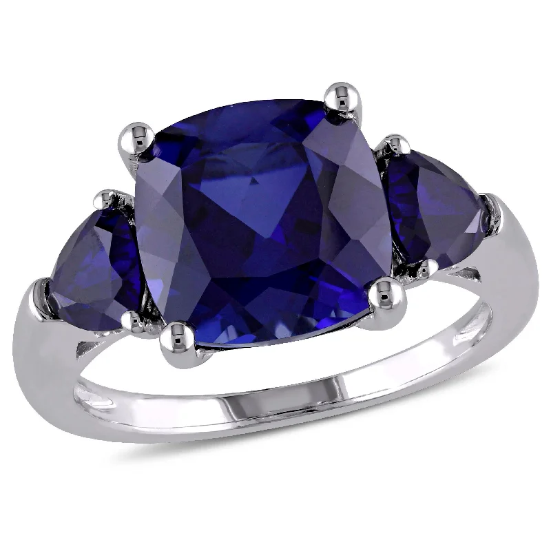 diamond engagement rings with side stones-Mimi & Max 7 1/10ct TGW Cushion Cut Created Blue Sapphire 3-Stone Ring in Sterling Silver