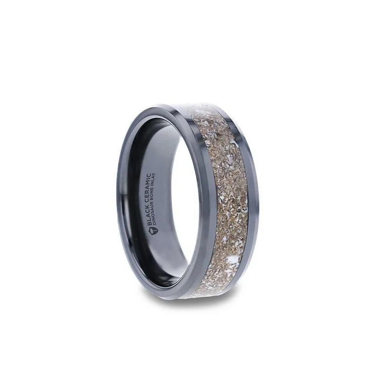 boho rings for women-ALLOSAURUS | Black Ceramic Ring, White Dinosaur Bone Inlay, Beveled