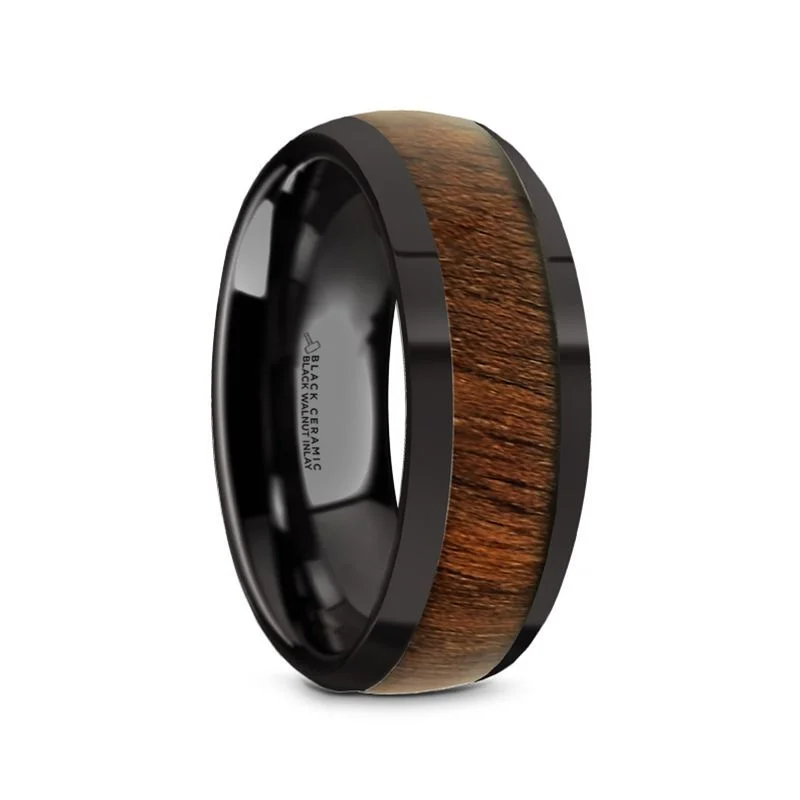 heart-shaped diamond rings for women-WALLACE | Black Ceramic Ring, Black Walnut Wood Inlay, Domed