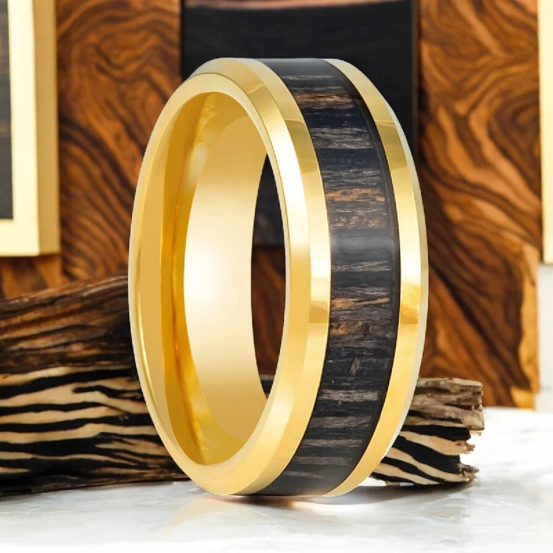 stackable wedding rings for women-ZEBROSTA | Gold Tungsten Ring, Zebra Wood Inlay, Beveled Edge