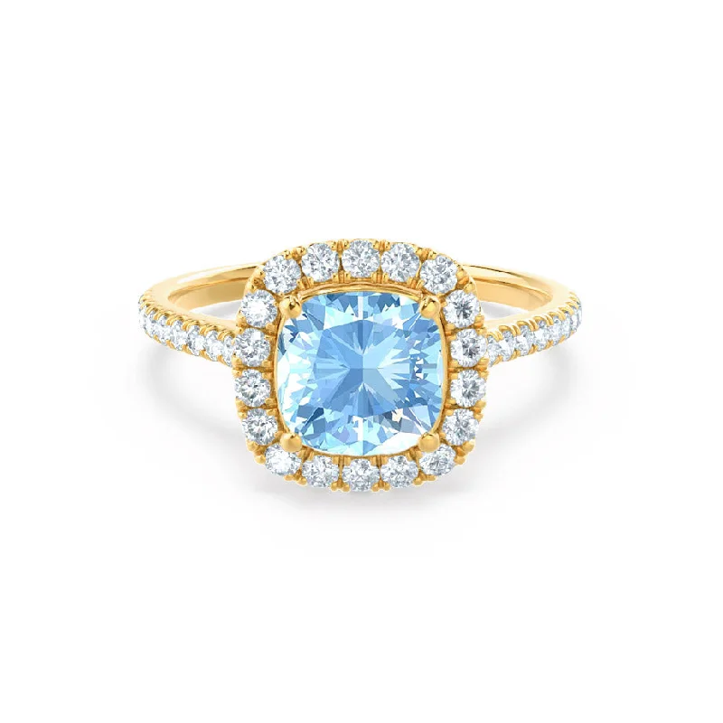 sapphire diamond engagement rings-VIOLETTE - Chatham® Cushion Aqua Spinel & Diamond 18k Yellow Gold Petite Halo Ring