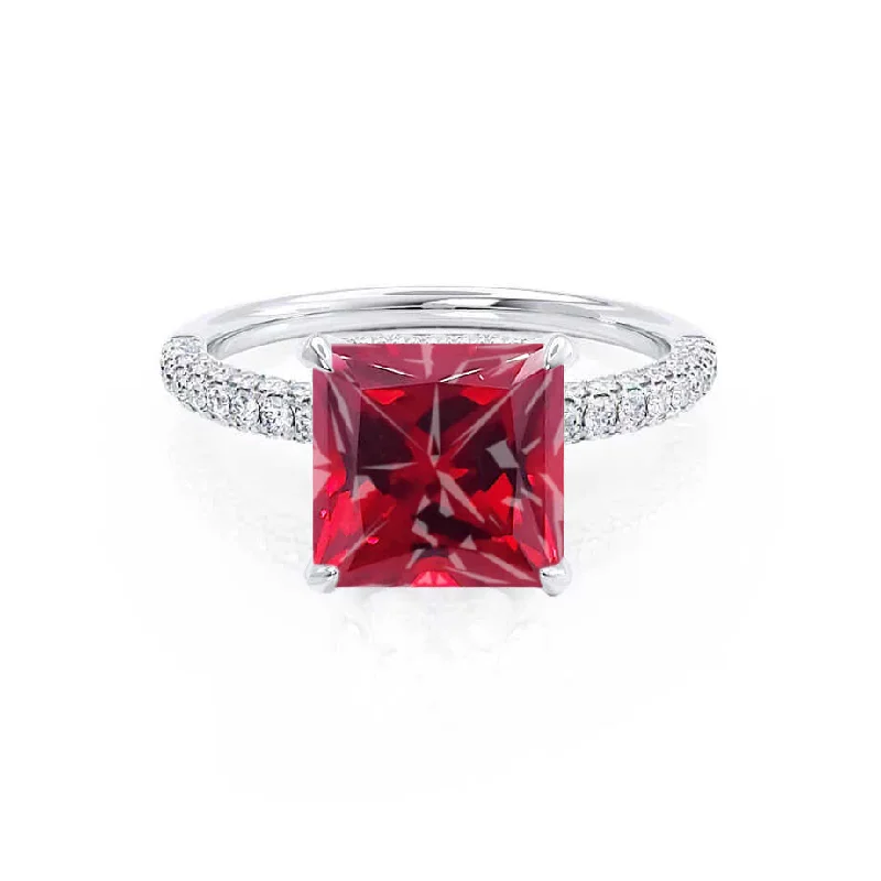 solitaire engagement rings-COCO - Chatham® Princess Ruby & Diamond 950 Platinum Hidden Halo Triple Pavé Shoulder Set