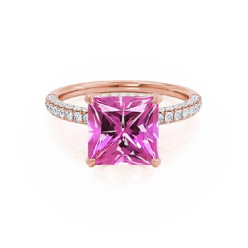 emerald-cut engagement rings-COCO - Chatham® Princess Pink Sapphire & Diamond 18k Rose Gold Hidden Halo Triple Pavé Shoulder Set