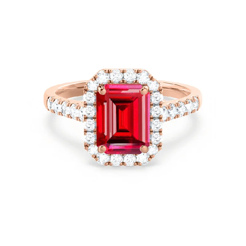 diamond engagement rings with colored stones-ESME - Chatham® Emerald Lab-Grown Ruby & Diamond 18k Rose Gold Halo