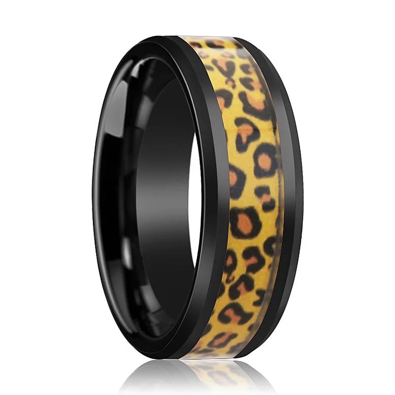 custom engagement rings for women-NAMIBIA | Black Ceramic Ring, Cheetah Animal Print Inlay, Beveled