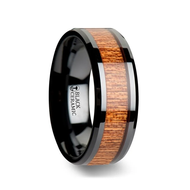 chunky rings for women-BENIN | Black Ceramic Ring, African Sapele Wood Inlay, Beveled