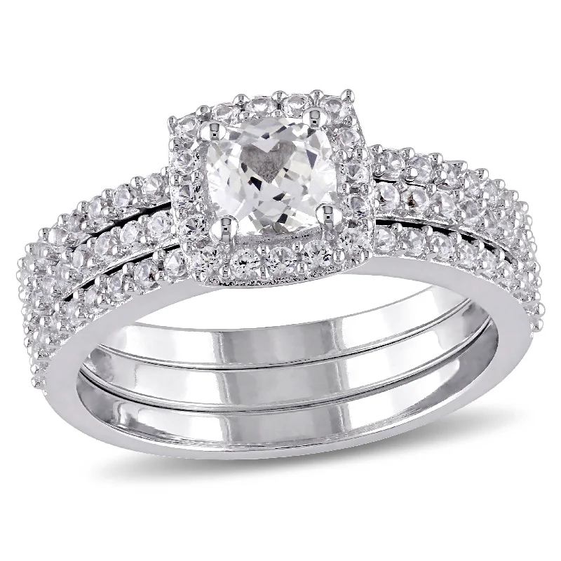 luxurious engagement rings-Mimi & Max Created White Sapphire Halo Bridal Set in Sterling Silver