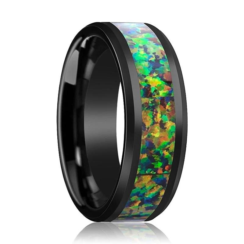 opal rings for women-GALACTIC | Black Ceramic Ring, Blue & Orange Opal Inlay, Beveled