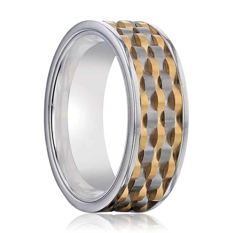 birthstone rings for wedding-MONTROSE | Titanium Ring Wavy Gold and Gunmetal Texture