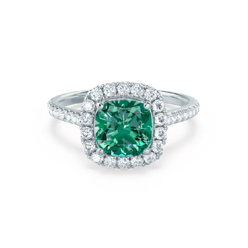 rose gold engagement rings-VIOLETTE - Chatham® Cushion Emerald & Diamond 950 Platinum Petite Halo Ring