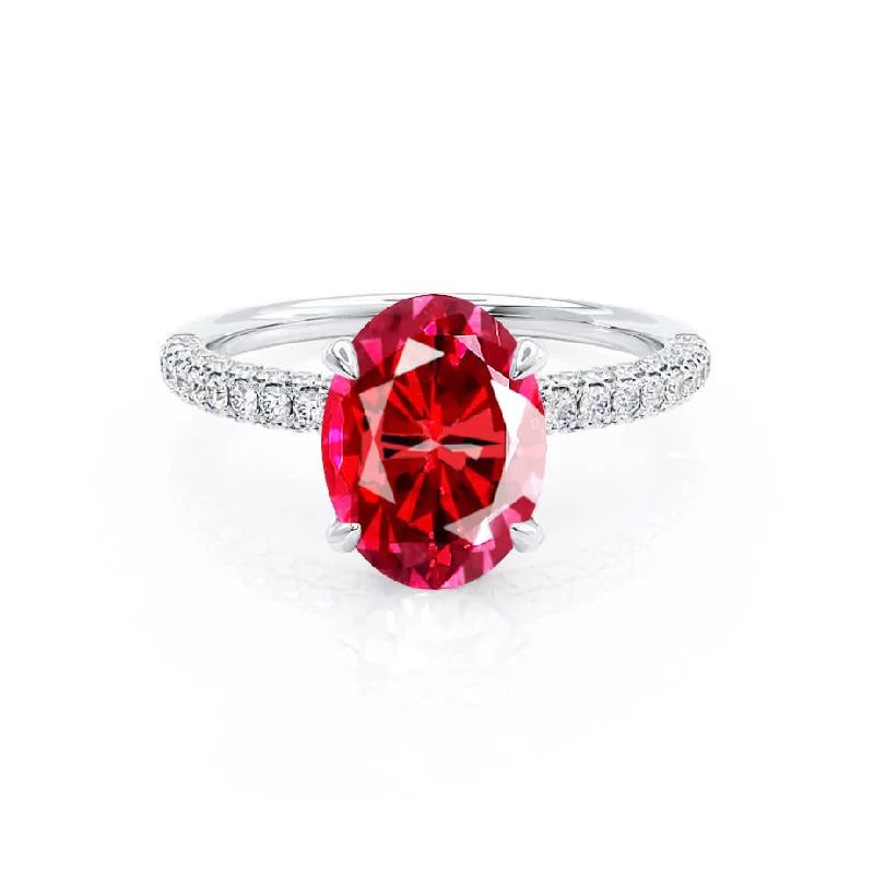 round engagement rings-COCO - Chatham® Oval Ruby & Diamond 18k White Gold Petite Hidden Halo Triple Pavé Shoulder Set Ring