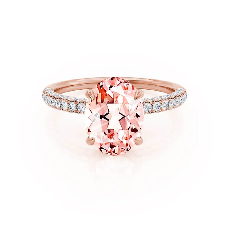 bridal engagement rings-COCO - Chatham® Oval Champagne Sapphire & Diamond 18k Rose Gold Petite Hidden Halo Triple Pavé Shoulder Set Ring