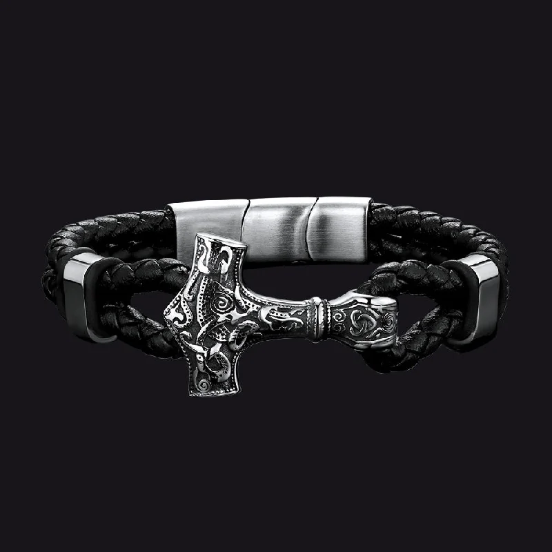 colorful bangles for women-Viking Thor's Hammer Mjolnir Braided Leather Bracelet Gift For Men