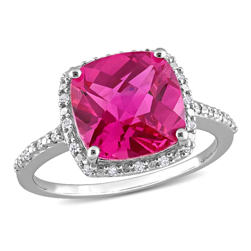 unique modern engagement rings-Mimi & Max 1/10ct TW Diamond and 5 3/4ct TGW Cushion Cut Created Pink Sapphire Halo Ring in Sterling Silver