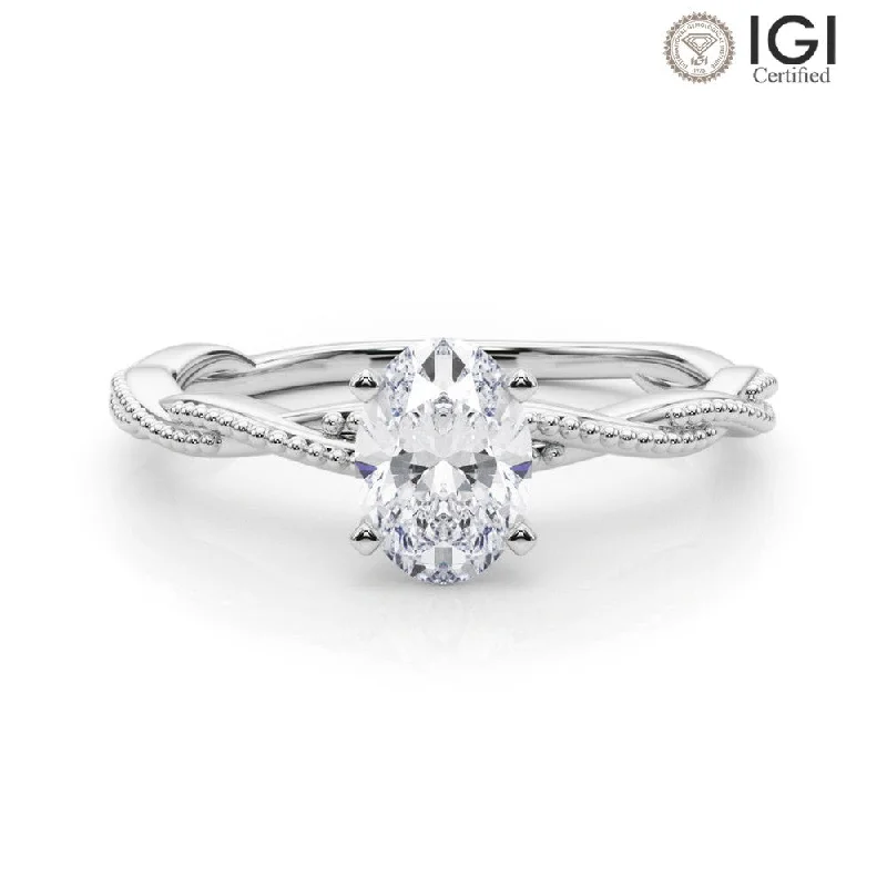 silver solitaire rings for women-Anastasia Twisted Vine Oval Lab Grown Diamond Solitaire Engagement Ring IGI Certified