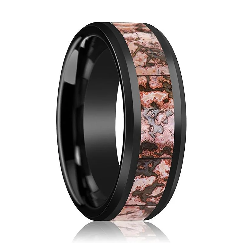 gold eternity rings for women-CAMBRIAN | Black Ceramic Ring, Pink Dino Bone Inlay