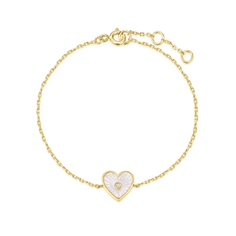 stackable silver bangles for women-Gold Plated Heart Shaped Mother of Pearl & CZ Stone Bracelet