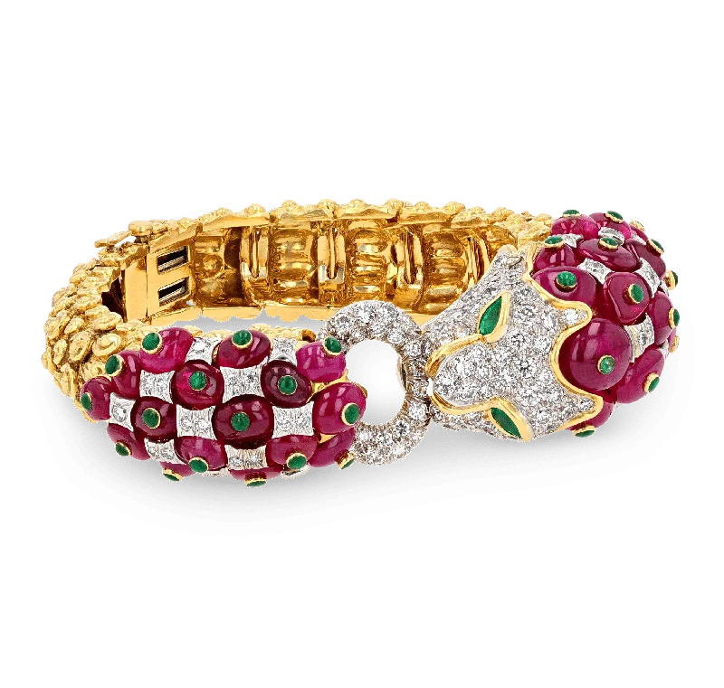 stackable silver bangles for women-David Webb Ruby, Emerald and Diamond Lion Bracelet