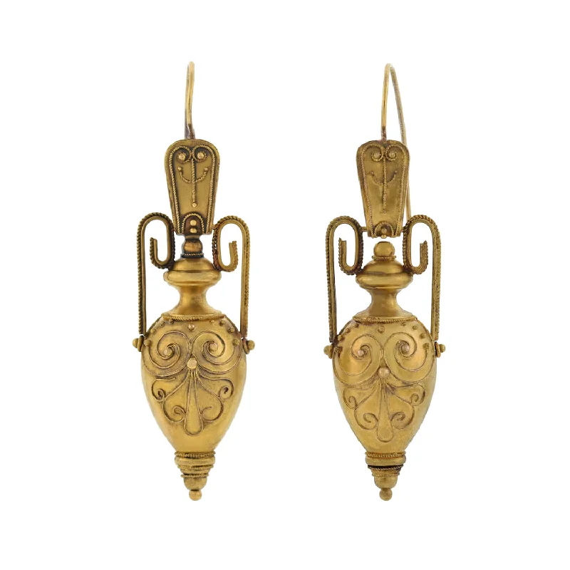 hoop earrings for women-Victorian 15kt Etruscan Hanging Urn Earrings