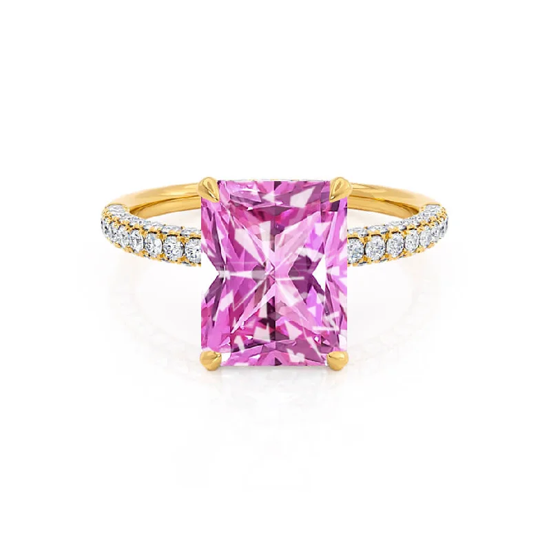 modern diamond engagement rings-COCO - Chatham® Radiant Pink Sapphire & Diamond 18k Yellow Gold Petite Hidden Halo Triple Pavé Shoulder Set Ring