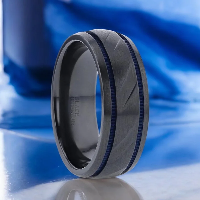 engagement rings for women-PATROL | Black Titanium Ring, Blue Milgrain Grooves, Carved Diagonal Pattern, Domed