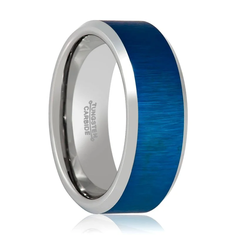 silver wedding rings for women-WAYLON | Silver Tungsten Ring, Blue Brushed, Beveled