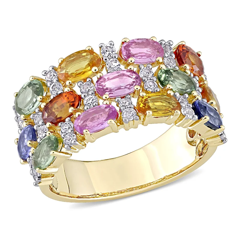 custom design engagement rings-Mimi & Max 4 1/3ct TGW Multi-Color Sapphire Triple Row Ring 14k Yellow Gold