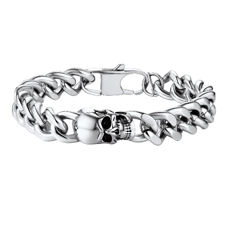 silver stacking bracelets for women-Gothic Heavy Cuban Chain Skull Bracelet For Men in Stainless Steel