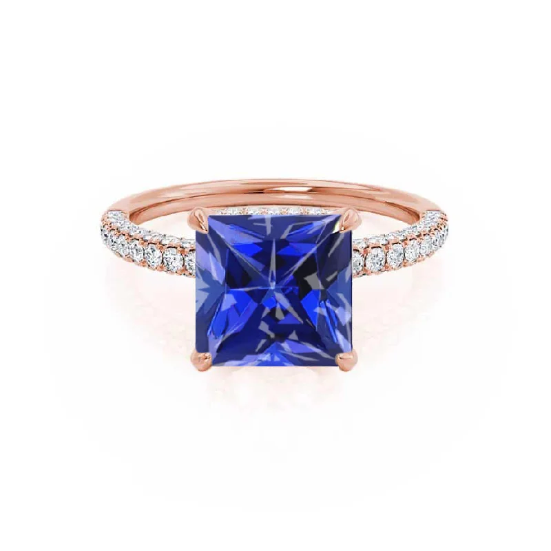 bridal engagement rings-COCO - Chatham® Princess Blue Sapphire & Diamond 18k Rose Gold Hidden Halo Triple Pavé Shoulder Set